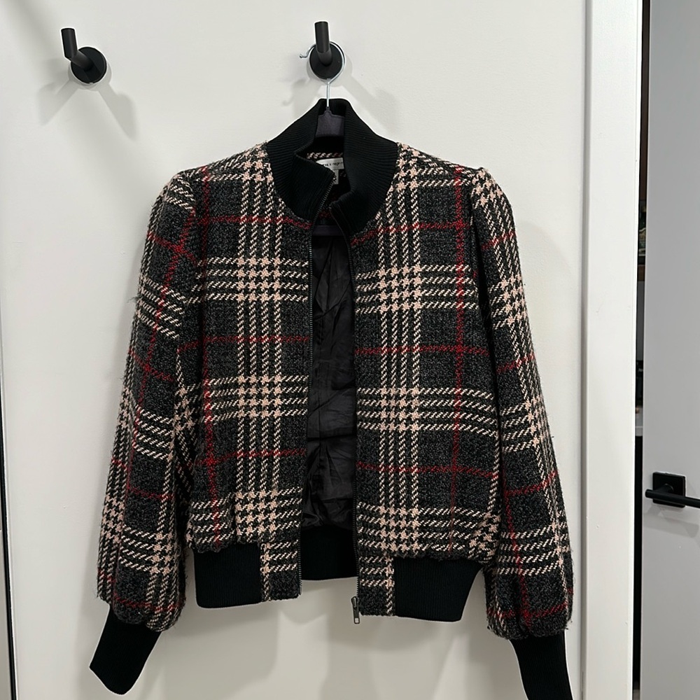 Express Plaid Bomber Jacket with Puff Shoulder | Negin Mirsalehi